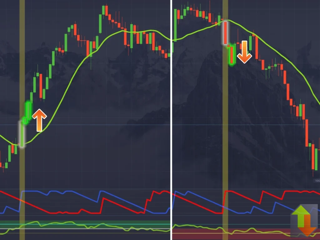 Entry rules for the Aroon and RSI binary options strategy showing two strong trade setups with Aroon crosses, RSI confirmation, and candle closes relative to the moving average.