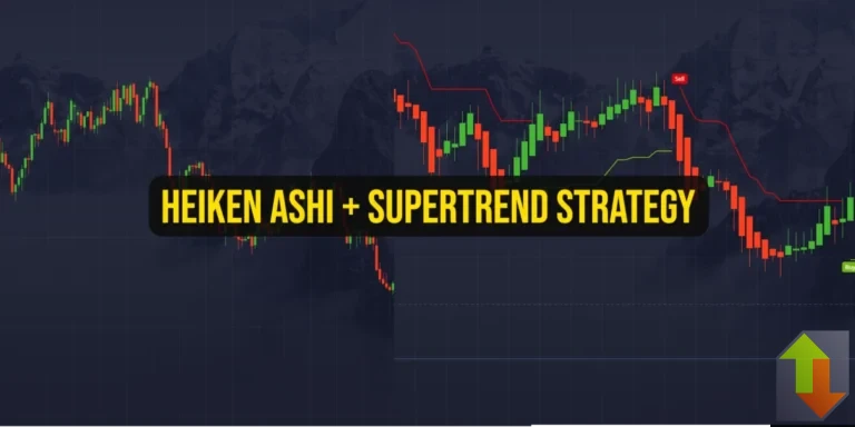Heiken Ashi and SuperTrend binary options strategy illustrated with trading charts and centered title text
