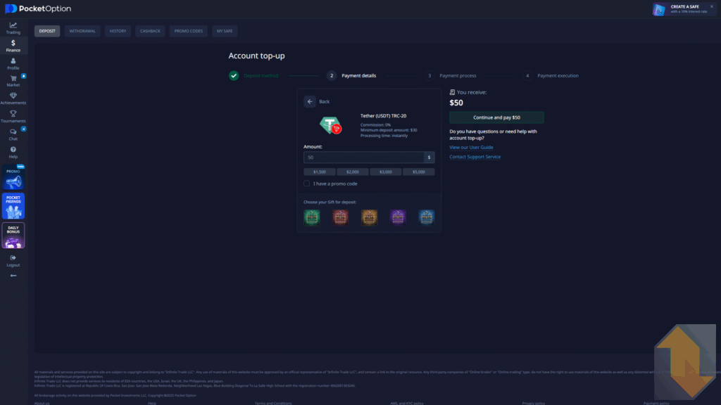 Deposit form of PocketOption using USDT deposit over TRC-20 Tron network